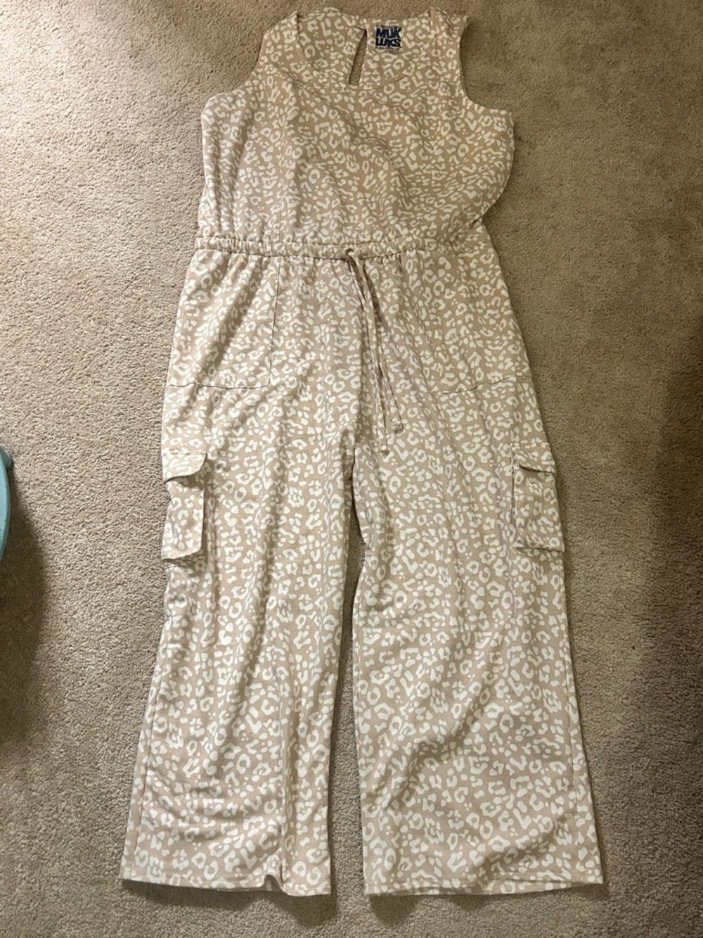 MUK LUKS Beige Leopard Print Wide-Leg Jumpsuit Large